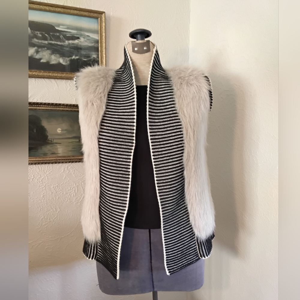 Banana Republic Striped Black and White Faux Fur Vest.